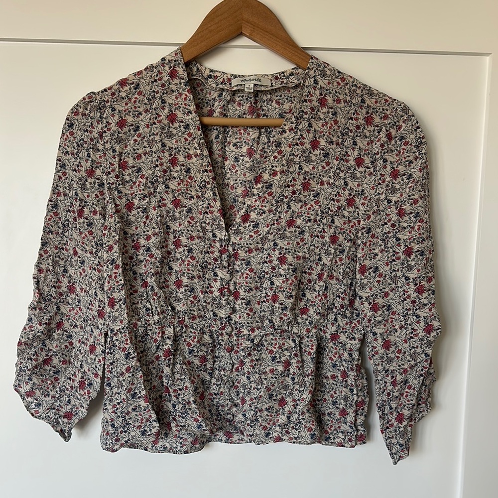 Madewell Cream Ruffled Blouse with Mandarin Collar